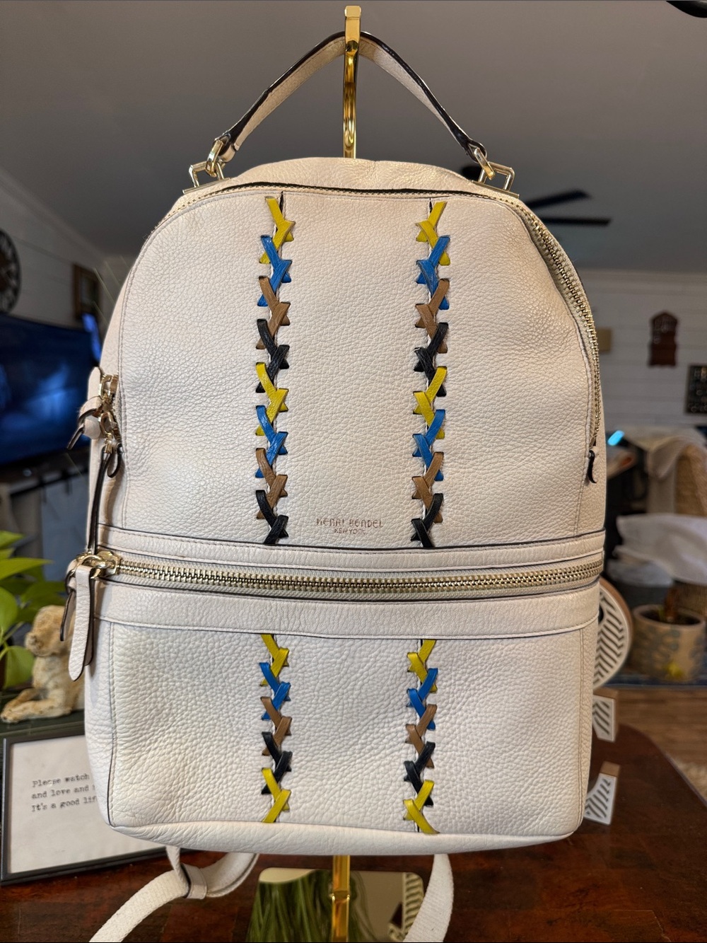 Henri Bendel White Leather Backpack with Multicolor Stitching